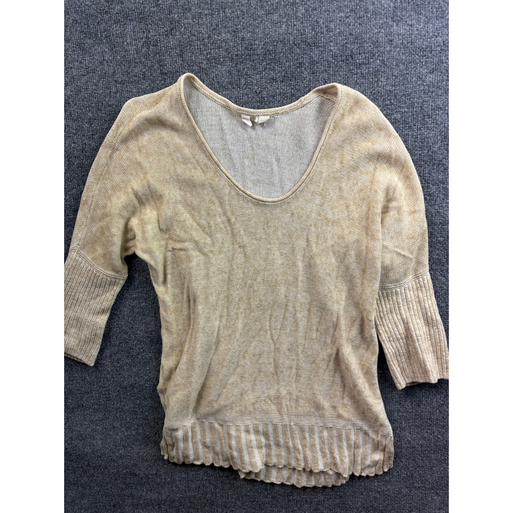 Moth Sweater Womens Small Tan Linen Blend Scoop Neck 3/4 Sleeve Ribbed Hem